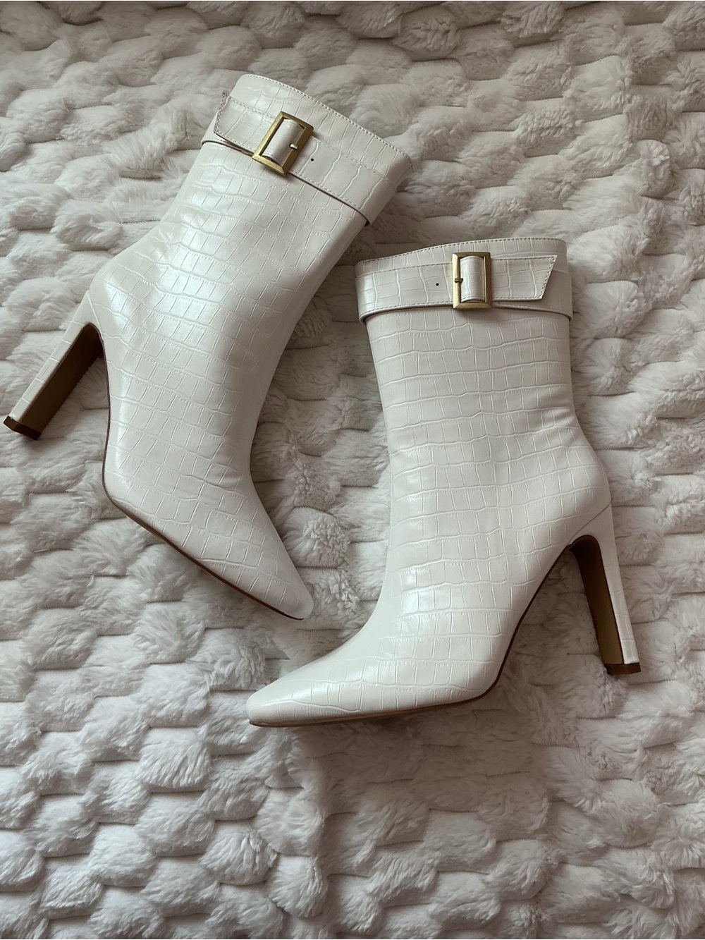 Journee Collection White Croc-Embossed Pointed-Toe Ankle Boots with Gold Buckle